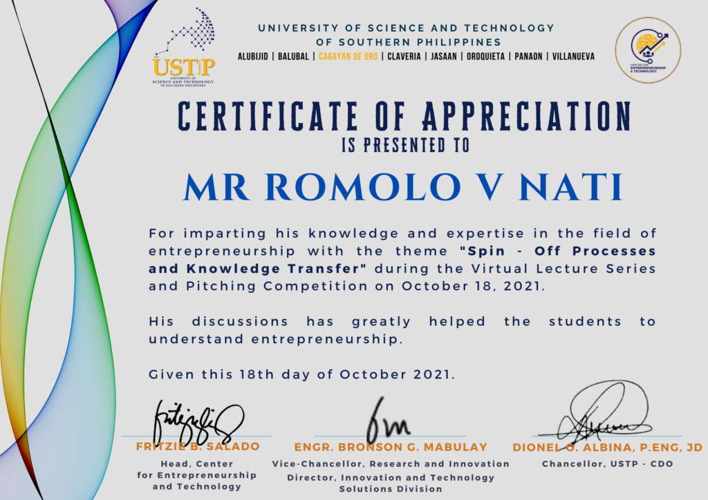 IDC’s Romolo Nati Shares Business Values at USTP – Cagayan de Oro